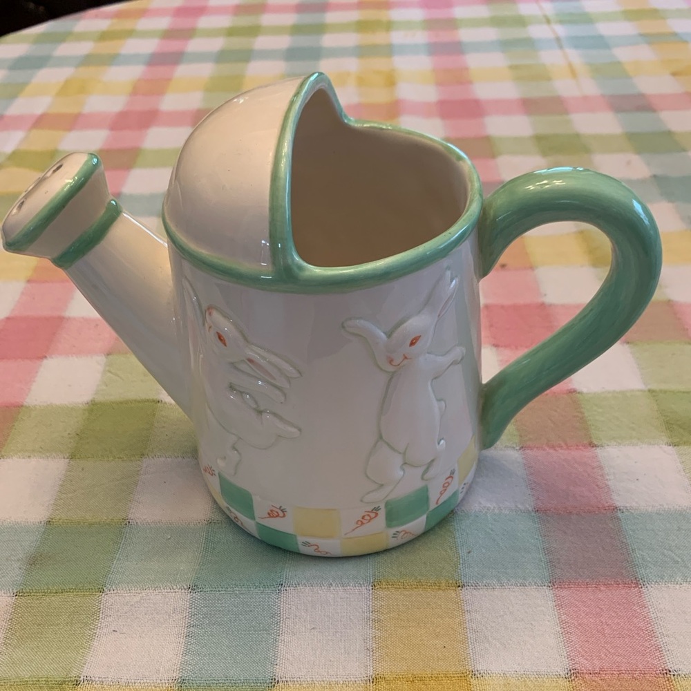 Bunny motif pitcher, ceramic, dancing bunnies and carrots